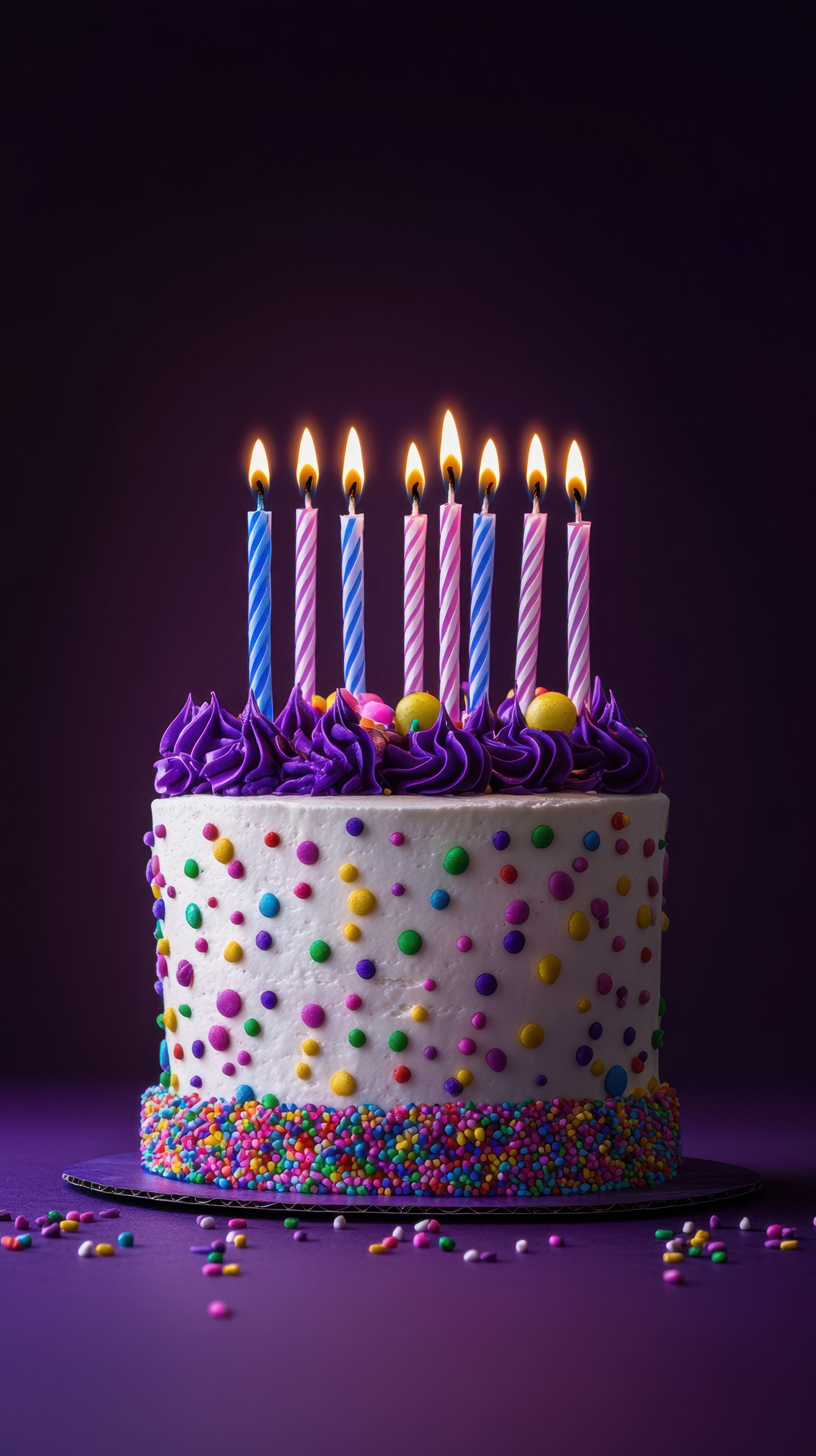 Colorful birthday cake with lit candles and festive decorations ready for celebration